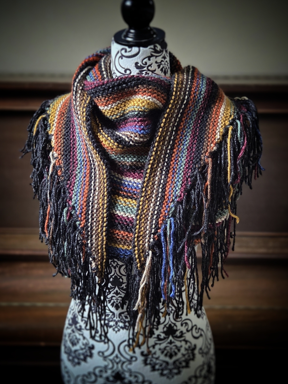 Hand Knit Multicolor Striped Fringe Shawl